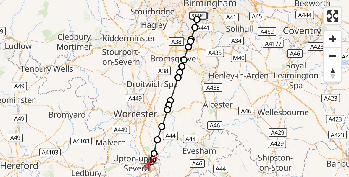Flight path map showing Air Ambulance Helicopter route from Metchley to Hill Croome