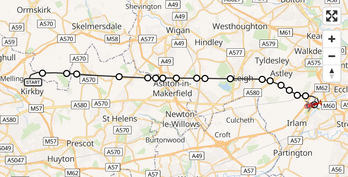 Flight path map showing Air Ambulance Helicopter route from Knowsley to Manchester Barton Aerodrome