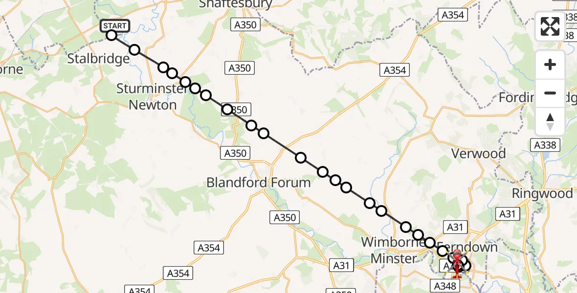 Flight path map showing Air Ambulance Helicopter route from Henstridge Airfield to Dudsbury