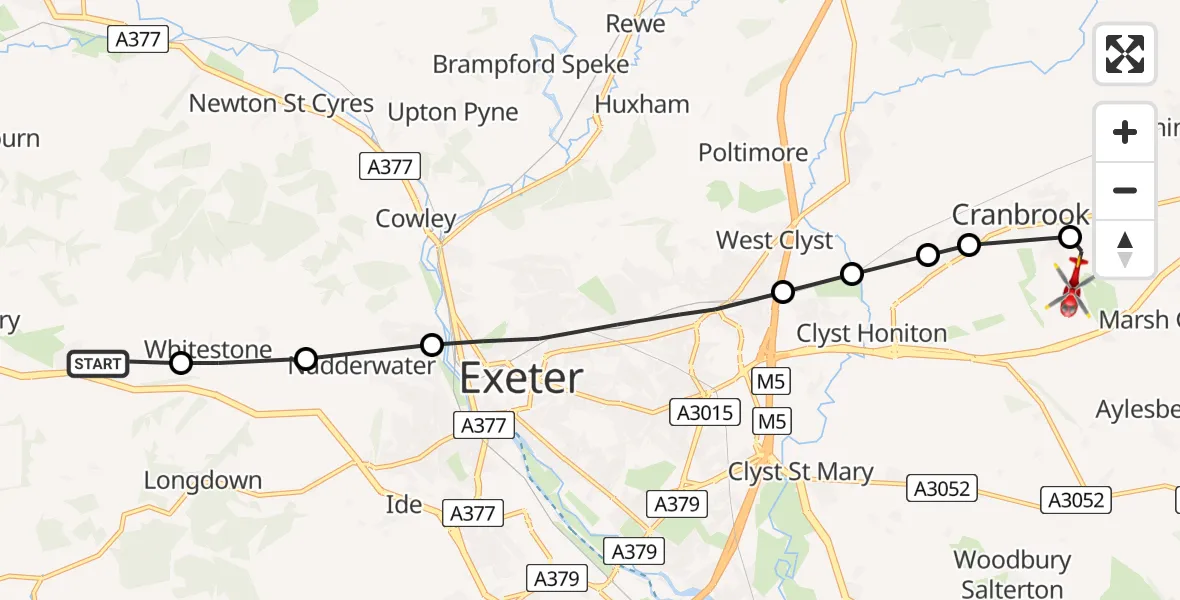 Flight path map showing Air Ambulance Helicopter route from Pathfinder Village to Rockbeare