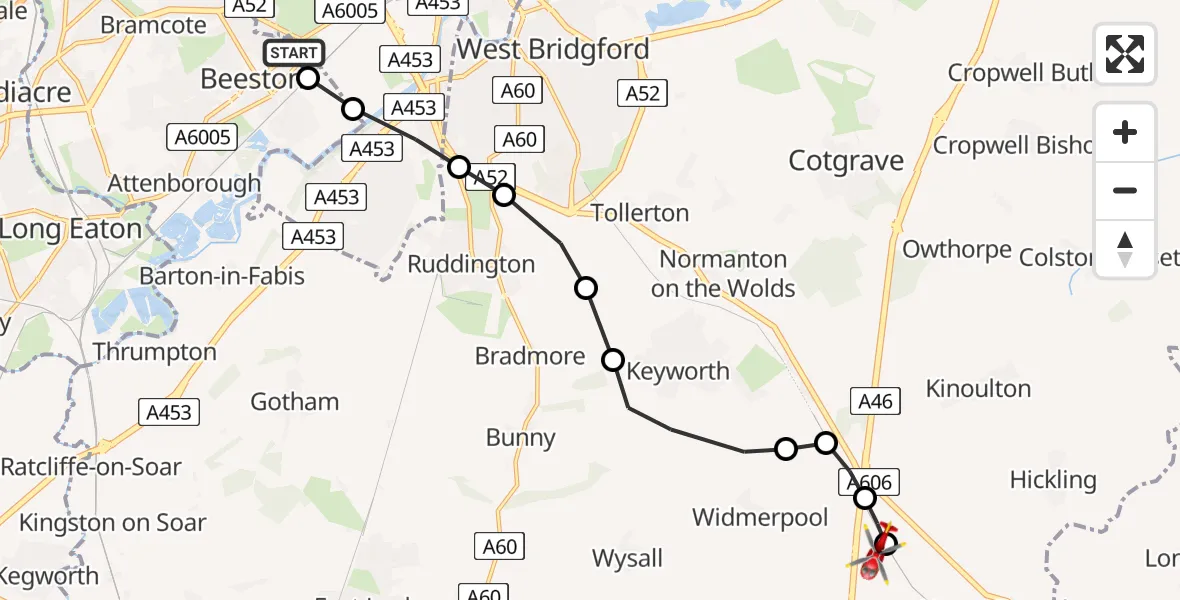 Flight path map showing Air Ambulance Helicopter route from Beeston to Nottingham Heliport