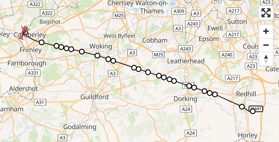 Flight path map showing Air Ambulance Helicopter route from Redhill Aerodrome to Camberley
