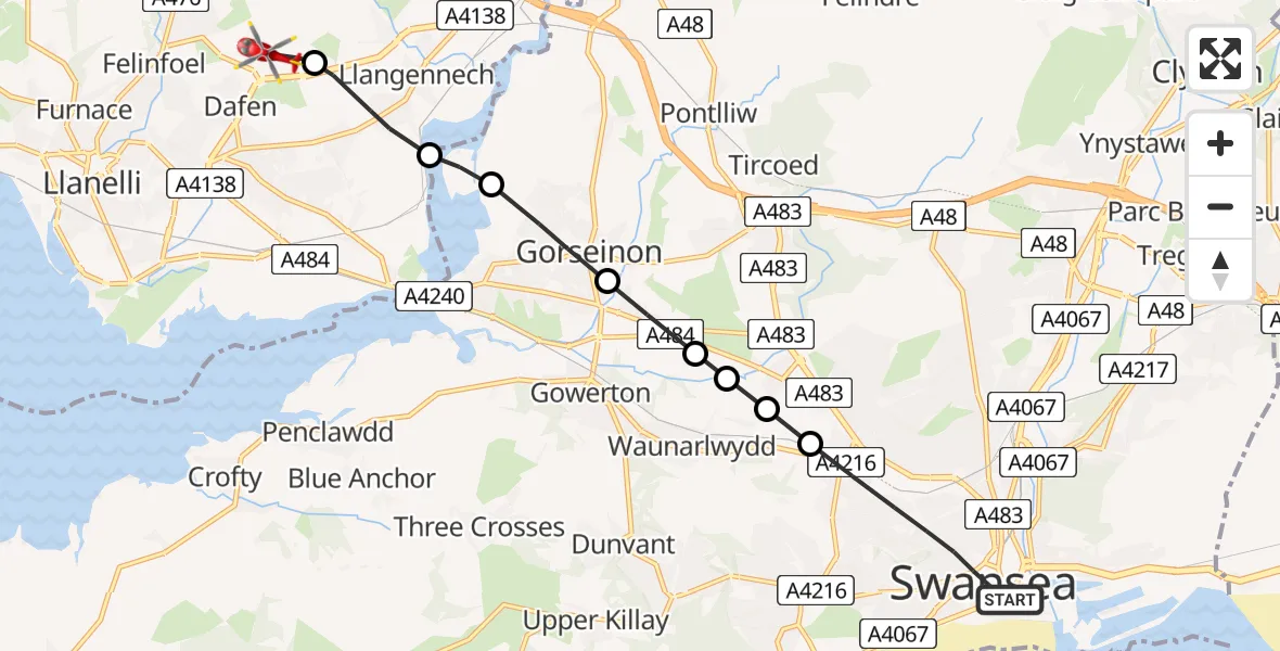 Flight path map showing Air Ambulance Helicopter route from Swansea to Dafen