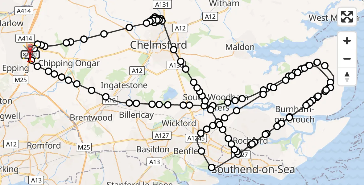 Flight path map showing Air Ambulance Helicopter route from North Weald Airfield to North Weald Airfield