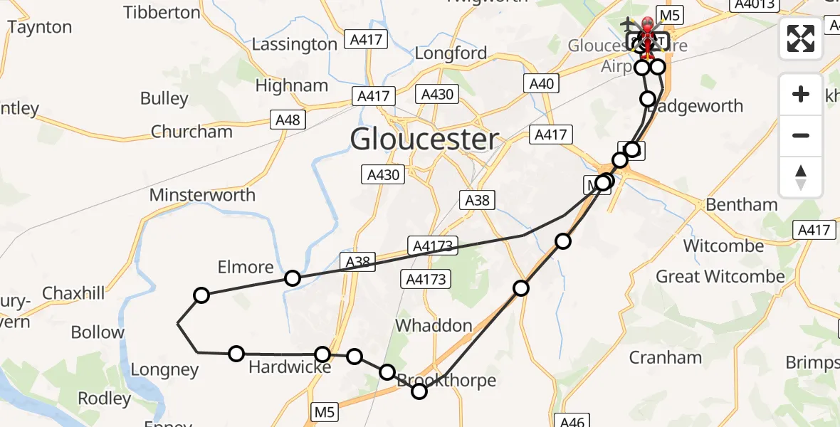 Flight path map showing Air Ambulance Helicopter route from Gloucestershire Airport to Churchdown
