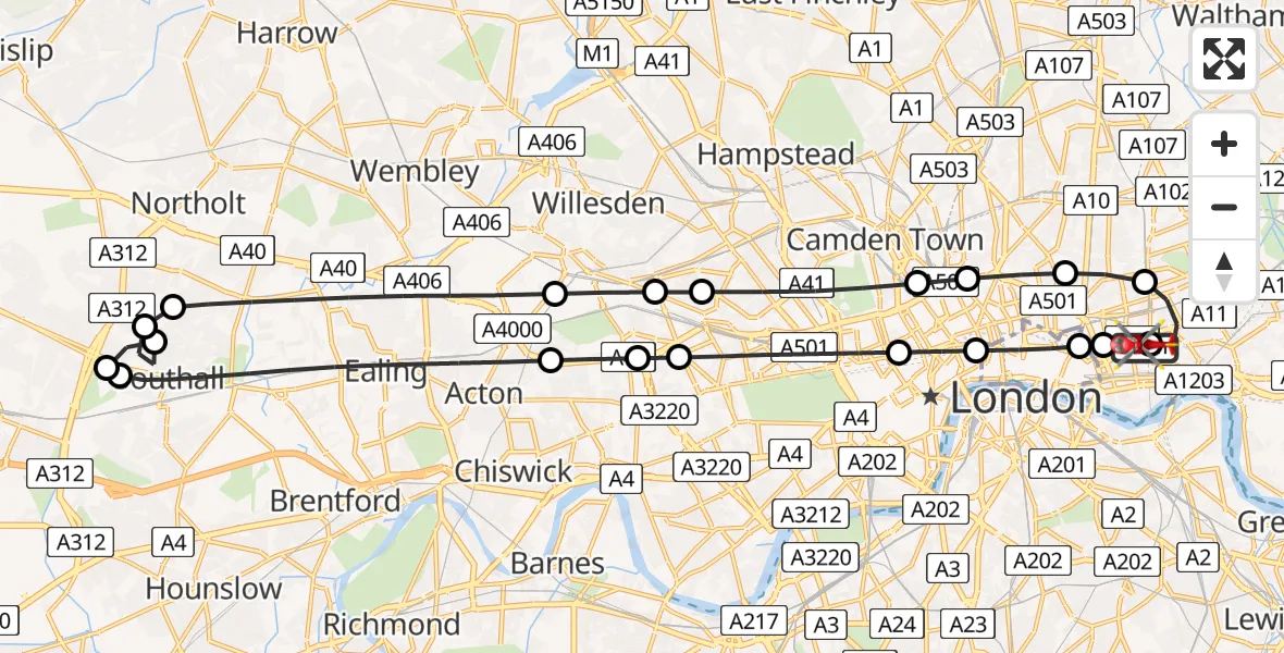 Flight route Air Ambulance Helicopter Royal London Hospital - Royal London Hospital, 11 March 2026, 10:56