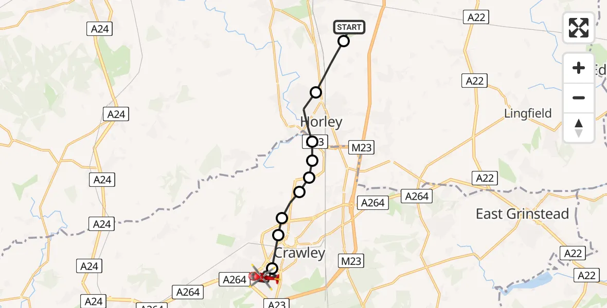 Flight path map showing Air Ambulance Helicopter route from Redhill Aerodrome to Broadfield