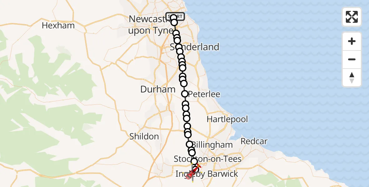 Flight path map showing Air Ambulance Helicopter route from North Shields to Longnewton