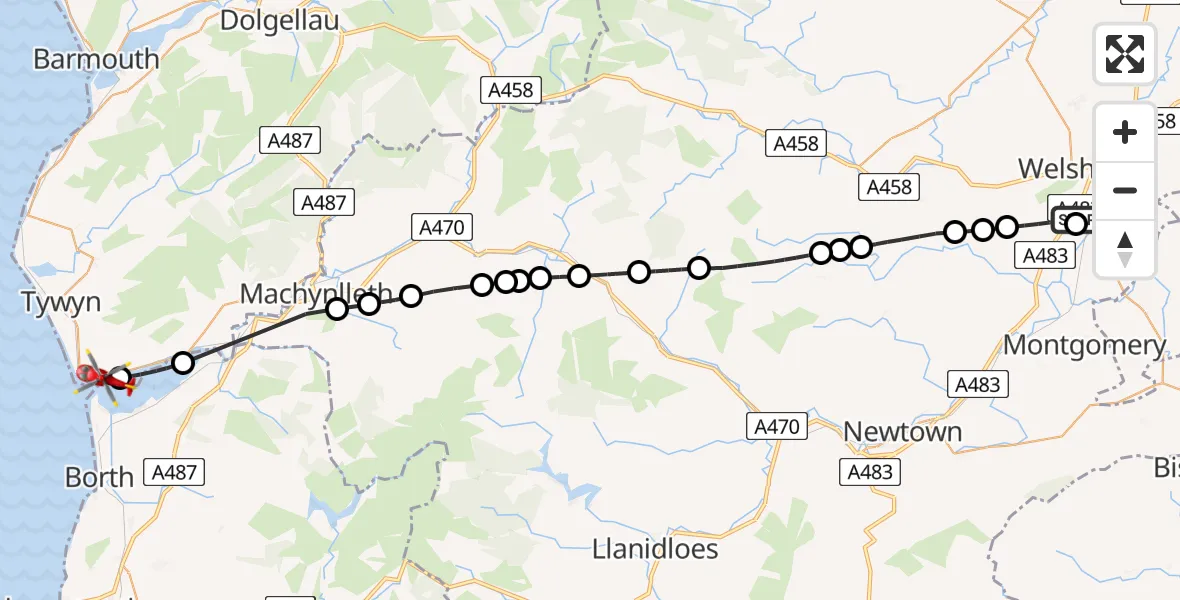 Flight path map showing Air Ambulance Helicopter route from Welshpool Airport to Aberdyfi