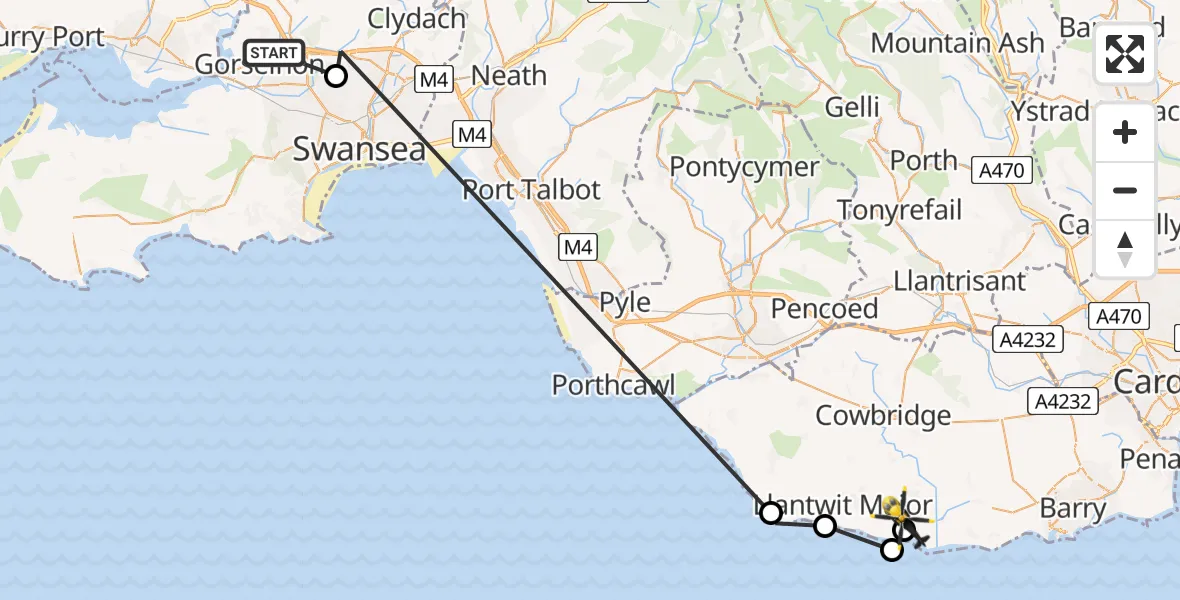 Flight path map showing Police Helicopter route from Penllergaer to MOD St Athan