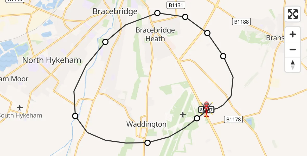 Flight path map showing Air Ambulance Helicopter route from RAF Waddington to North Kesteven