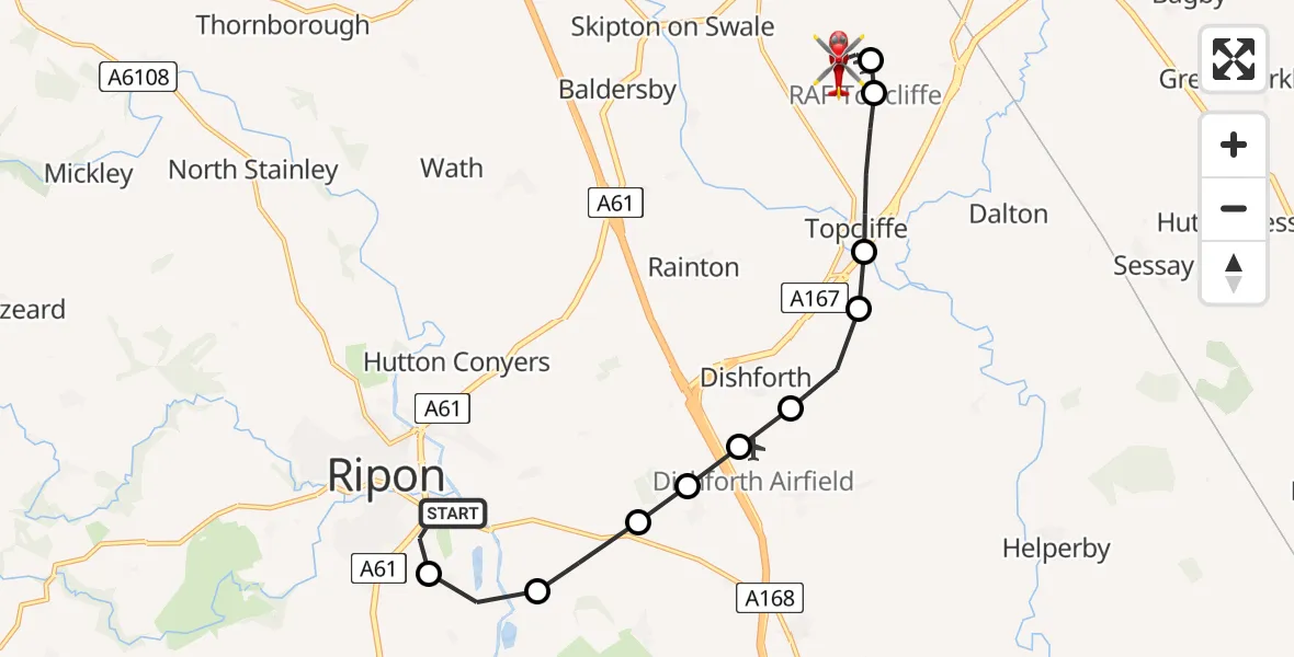Flight path map showing Air Ambulance Helicopter route from Ripon to RAF Topcliffe