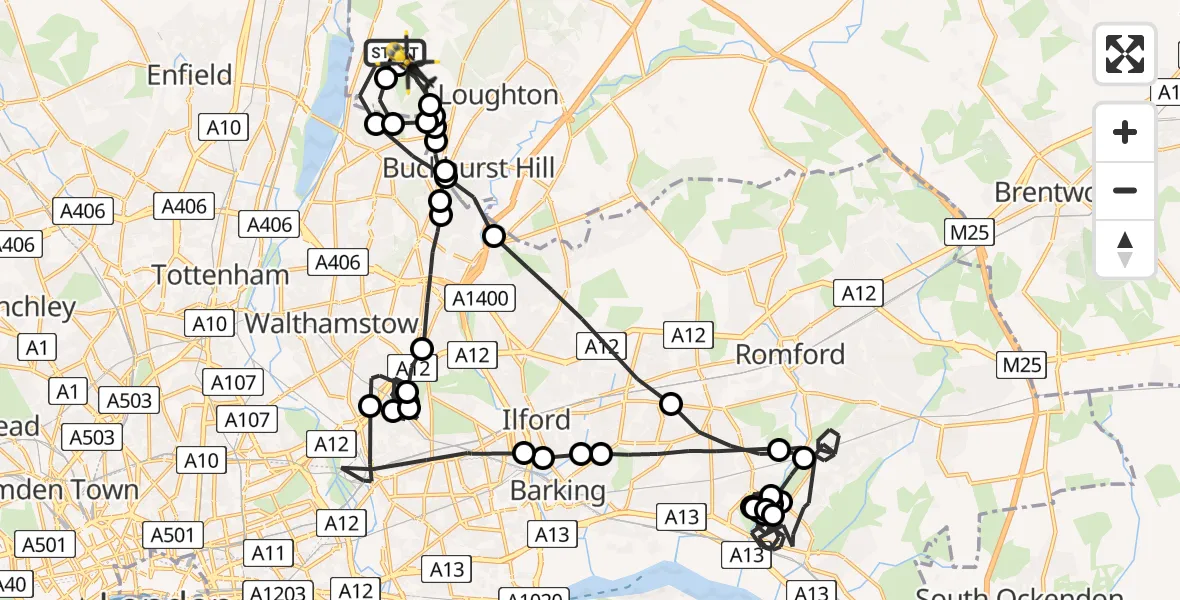 Flight path map showing Police Helicopter route from Sewardstonebury to Metropolitan Police Air Support Unit Lippitts Hill