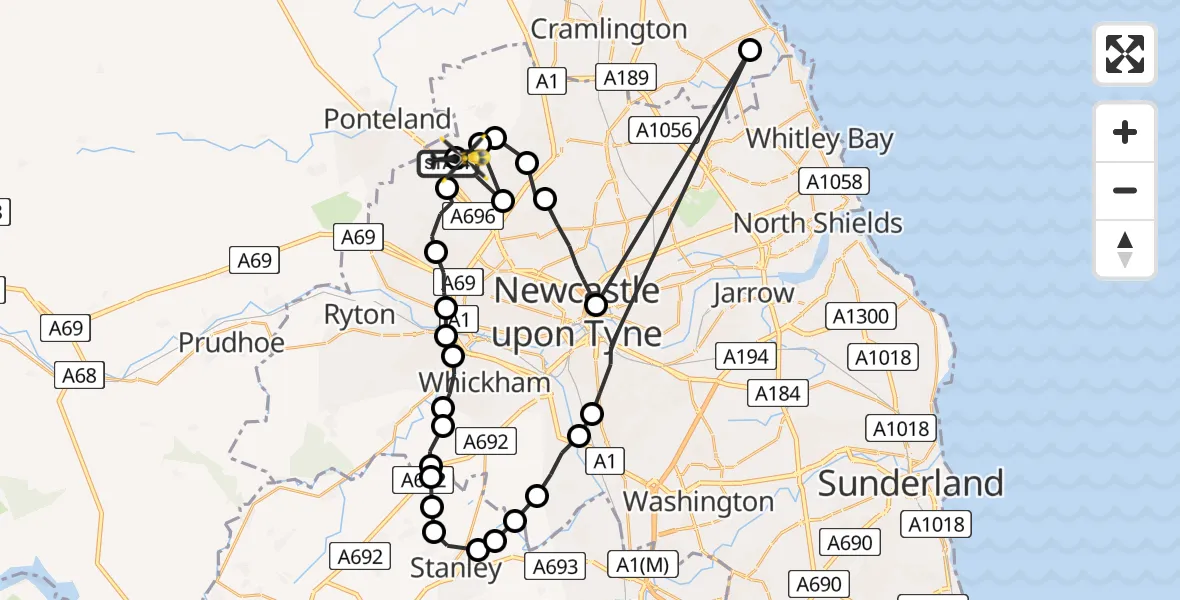 Flight path map showing Police Helicopter route from Newcastle International Airport to Newcastle International Airport