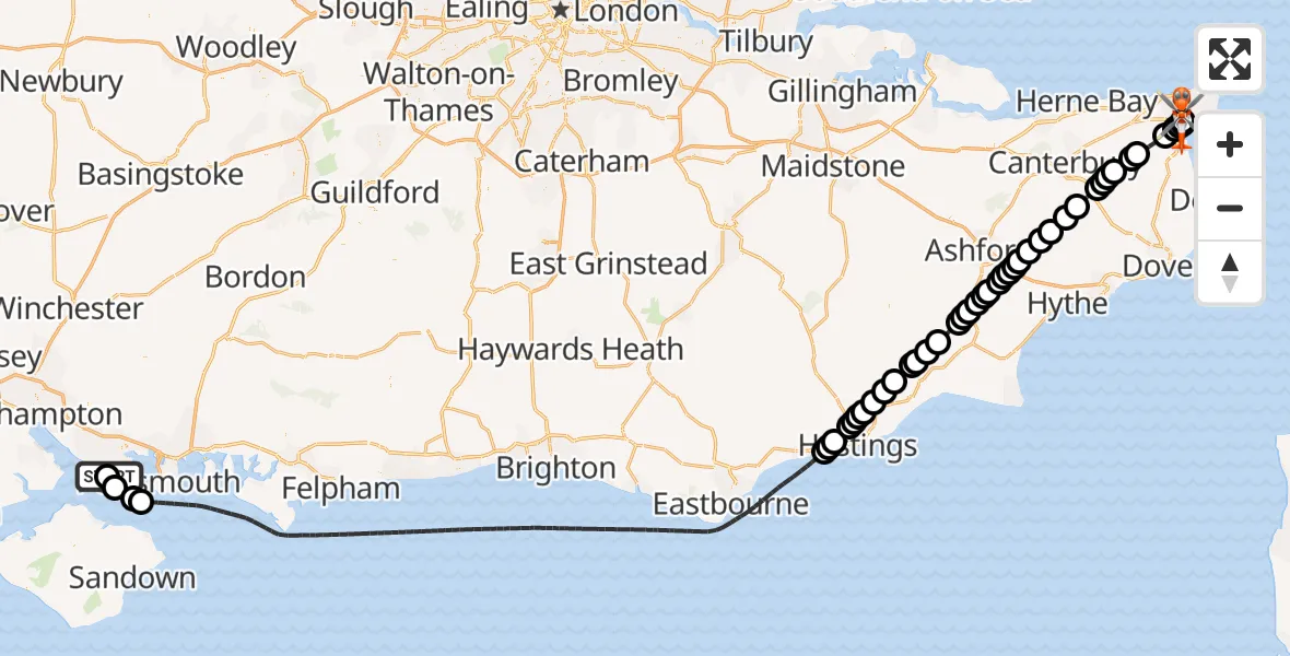 Flight path map showing Coastguard Helicopter route from Solent Airport to Manston Airport
