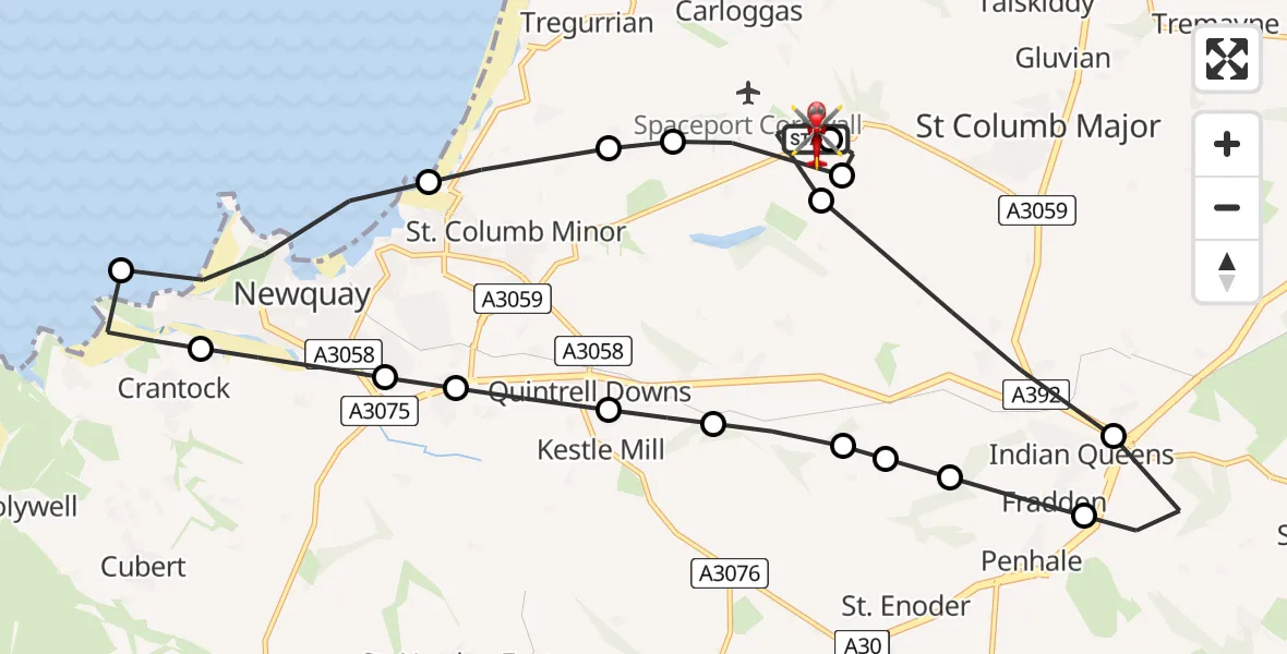 Flight path map showing Air Ambulance Helicopter route from Cornwall Airport Newquay to Cornwall Airport Newquay