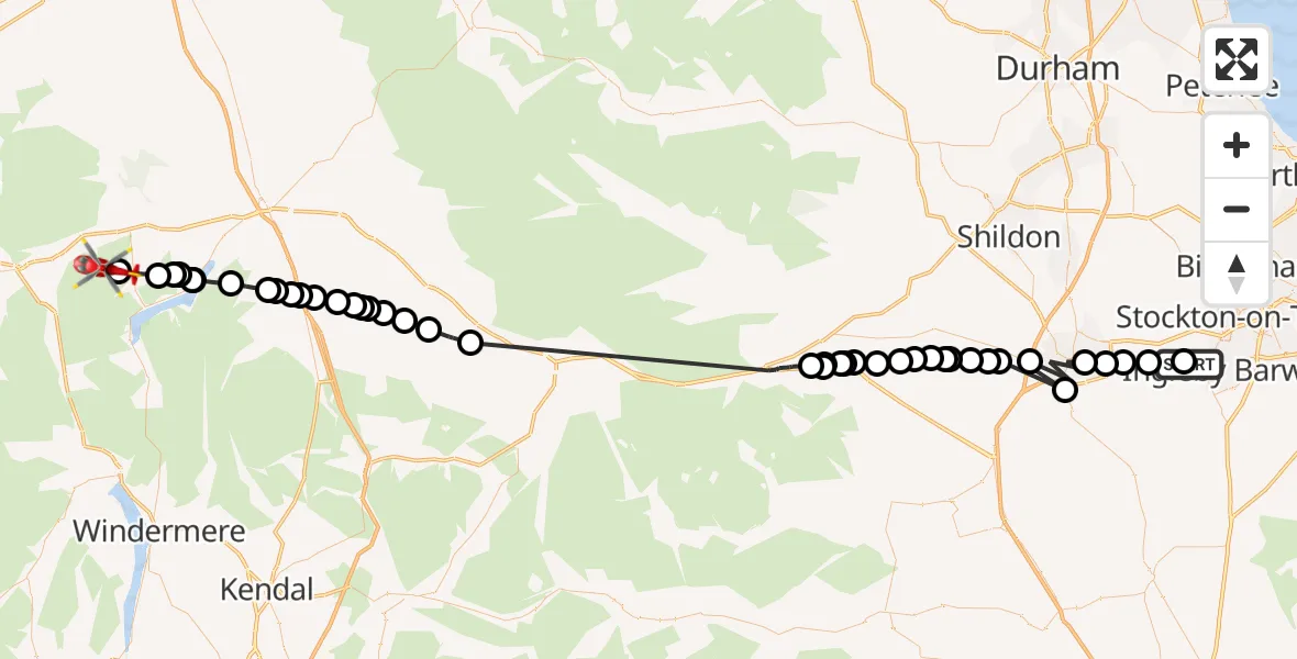Flight path map showing Air Ambulance Helicopter route from Egglescliffe to Matterdale