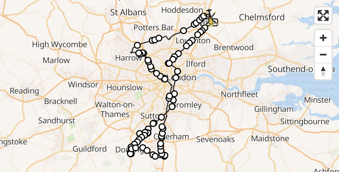 Flight path map showing Police Helicopter route from North Weald Airfield to North Weald Bassett