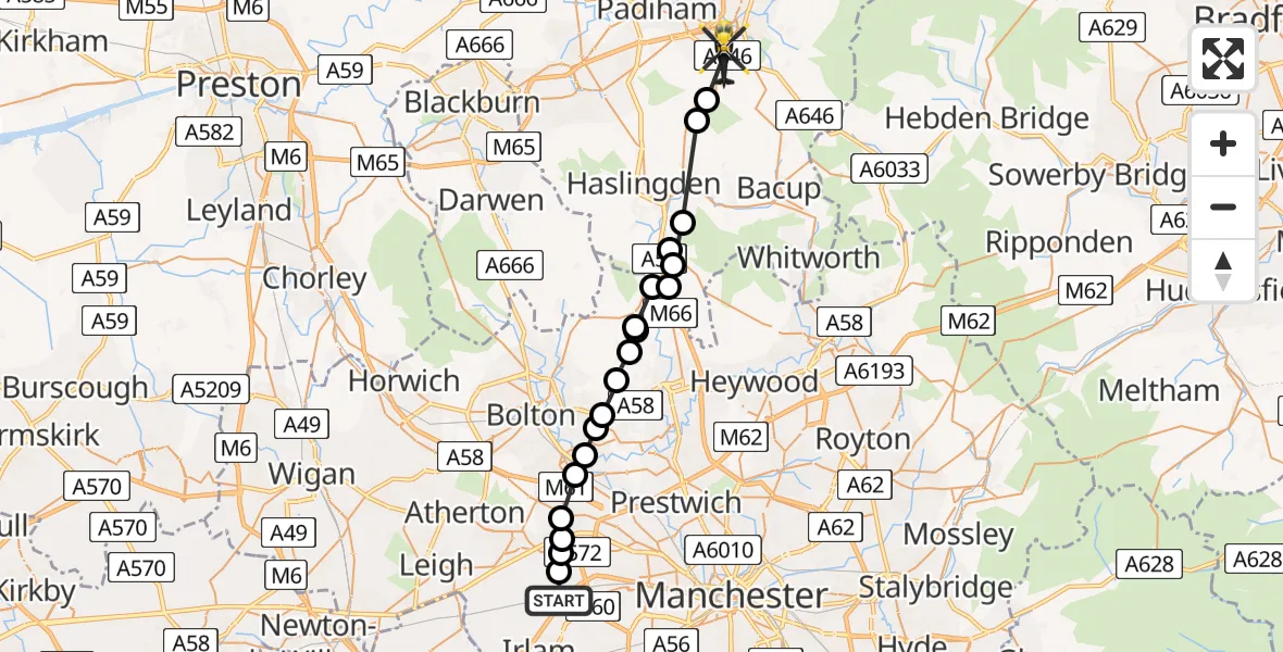 Flight path map showing Police Helicopter route from Irlam to Burnley
