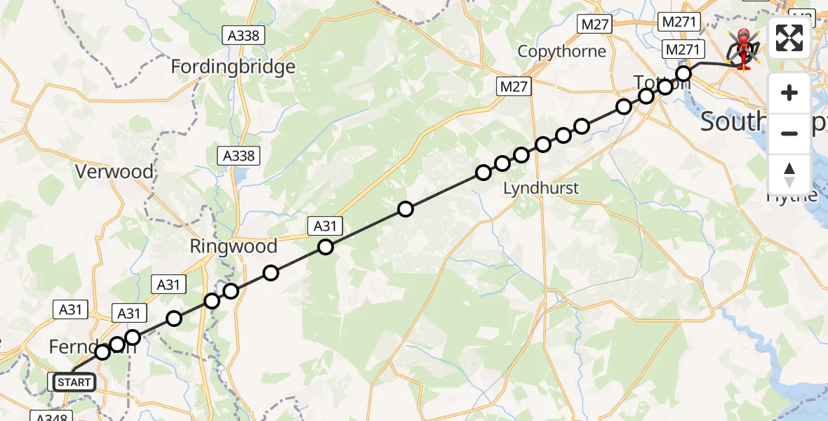 Flight path map showing Air Ambulance Helicopter route from Dudsbury to University Hospital Southampton