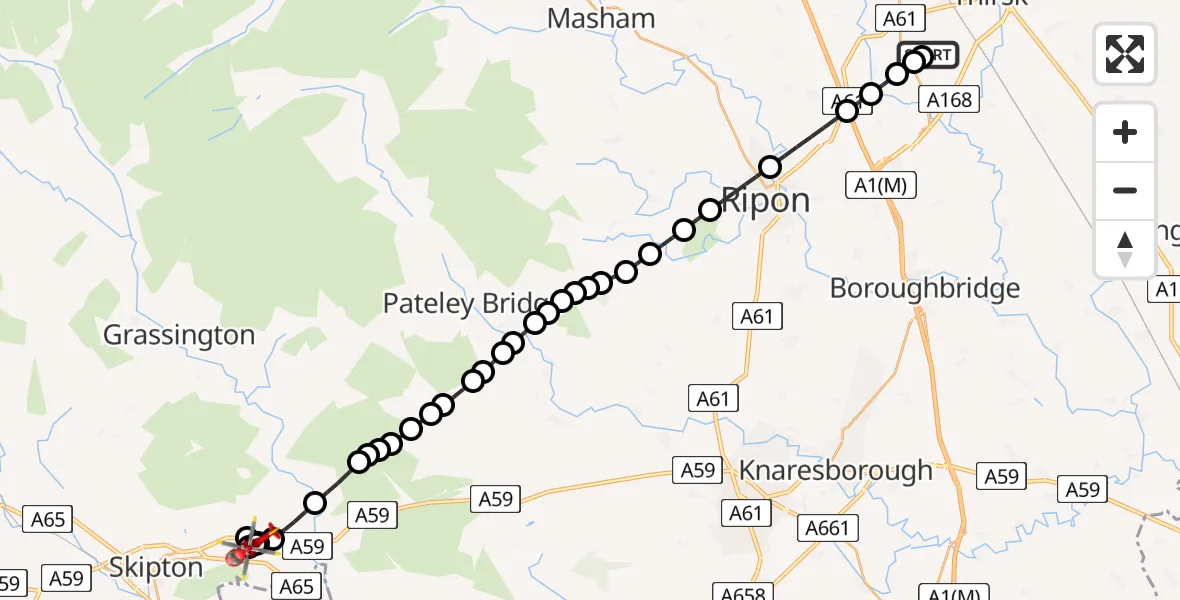 Flight path map showing Air Ambulance Helicopter route from RAF Topcliffe to Draughton