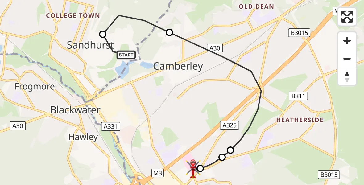Flight path map showing Air Ambulance Helicopter route from Camberley to Frimley Park Hospital