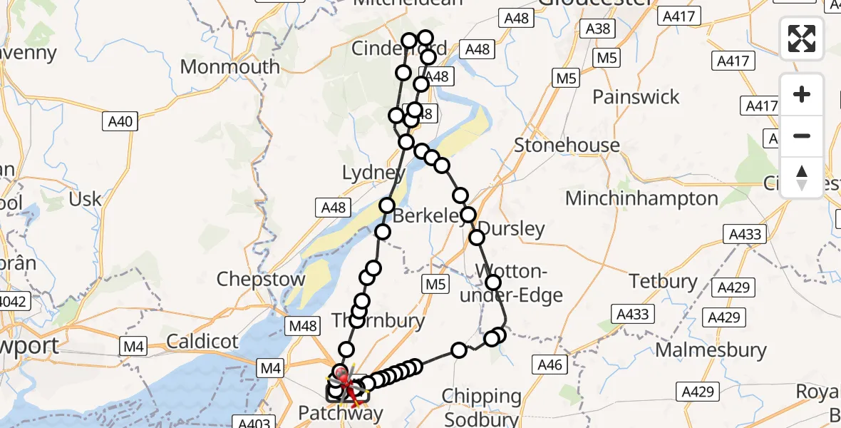 Flight path map showing Air Ambulance Helicopter route from Almondsbury Helicopter Base to Almondsbury Helicopter Base