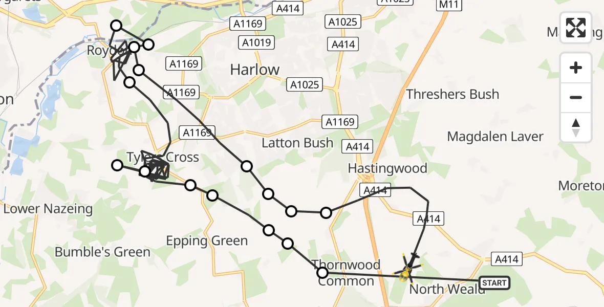 Flight path map showing Police Helicopter route from Epping Forest to North Weald Airfield