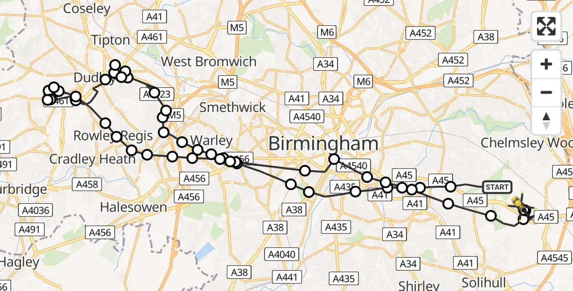 Flight path map showing Police Helicopter route from Garretts Green to Bickenhill