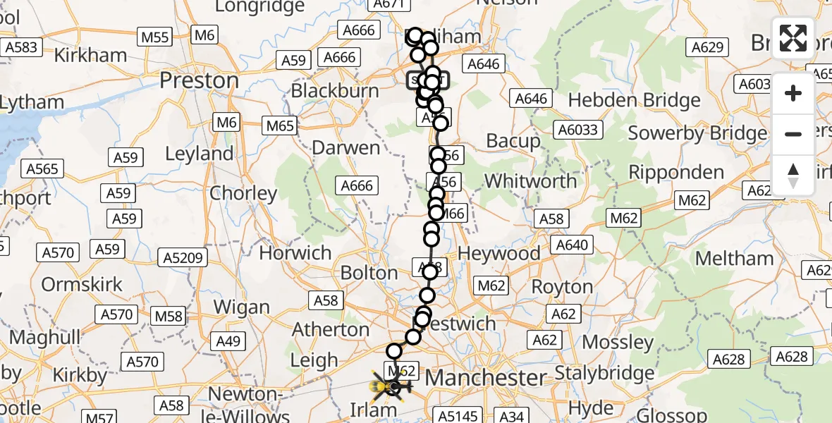 Flight path map showing Police Helicopter route from Huncoat to Manchester Barton Aerodrome