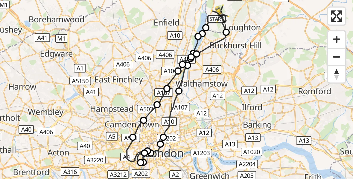 Flight path map showing Police Helicopter route from Sewardstonebury to Epping Forest