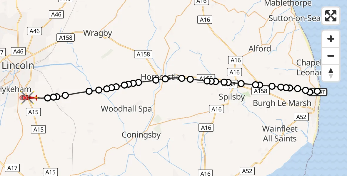 Routekaart van de vlucht: Air Ambulance Helicopter to North Kesteven, Sleaford Road