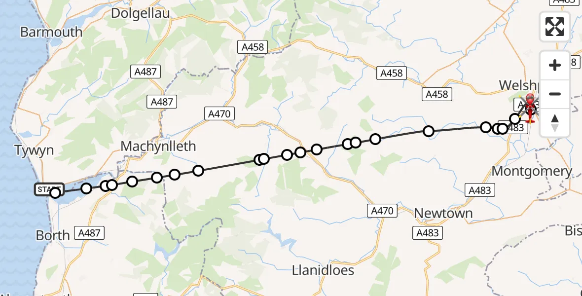 Flight path map showing Air Ambulance Helicopter route from Aberdyfi to Welshpool Airport