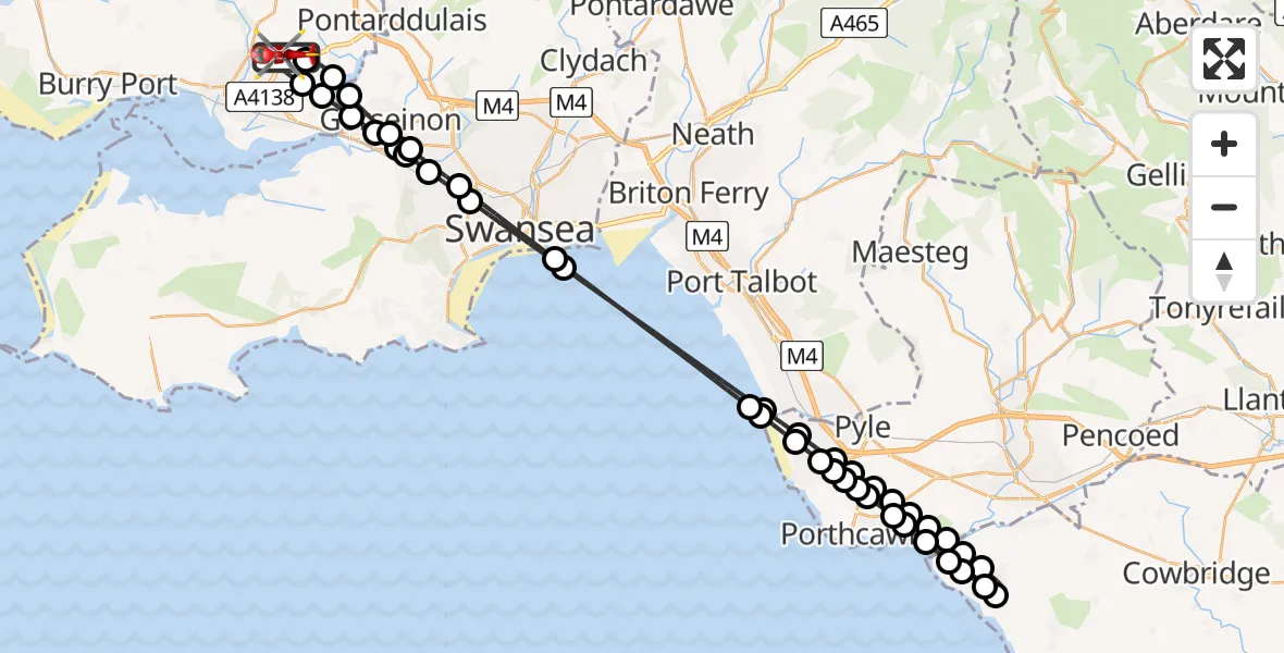 Flight path map showing Air Ambulance Helicopter route from Dafen to Dafen