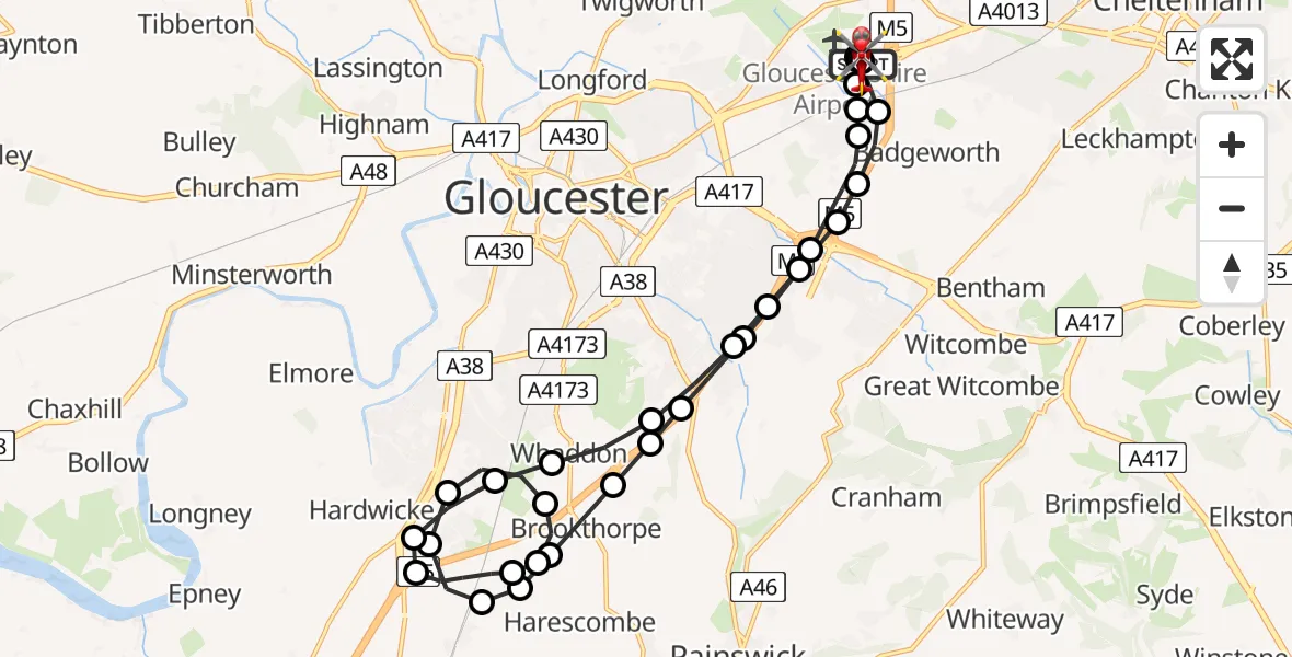 Routekaart van de vlucht: Air Ambulance Helicopter to Churchdown, A40