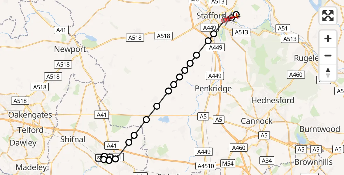 Flight path map showing Air Ambulance Helicopter route from RAF Cosford to Stafford