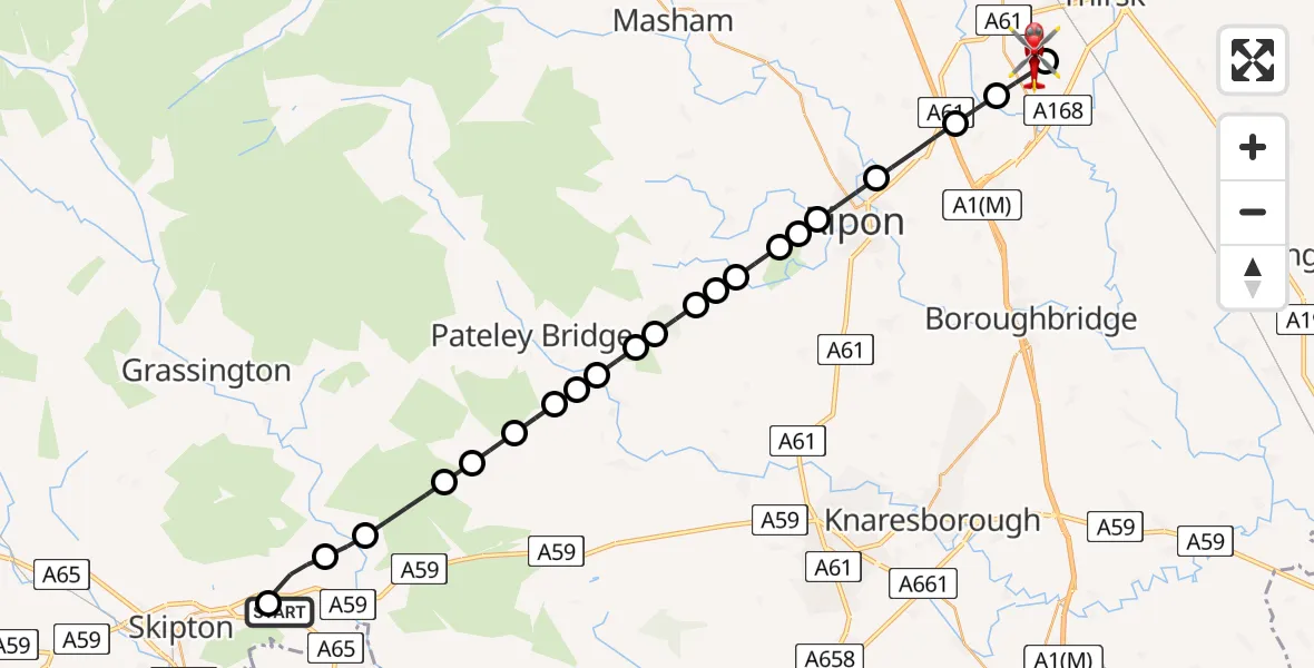 Flight path map showing Air Ambulance Helicopter route from Draughton to RAF Topcliffe