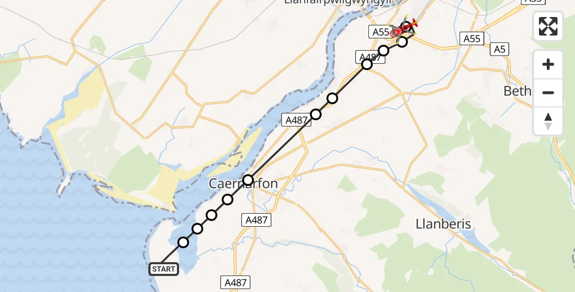 Flight path map showing Air Ambulance Helicopter route from Caernarfon Airport to Ysbyty Gwynedd Hospital Heliport