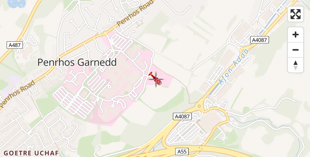 Flight path map showing Air Ambulance Helicopter route from Ysbyty Gwynedd Hospital Heliport to Ysbyty Gwynedd Hospital Heliport