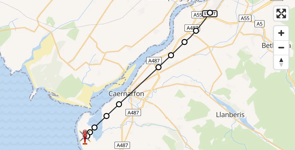 Flight path map showing Air Ambulance Helicopter route from Ysbyty Gwynedd Hospital Heliport to Caernarfon Airport