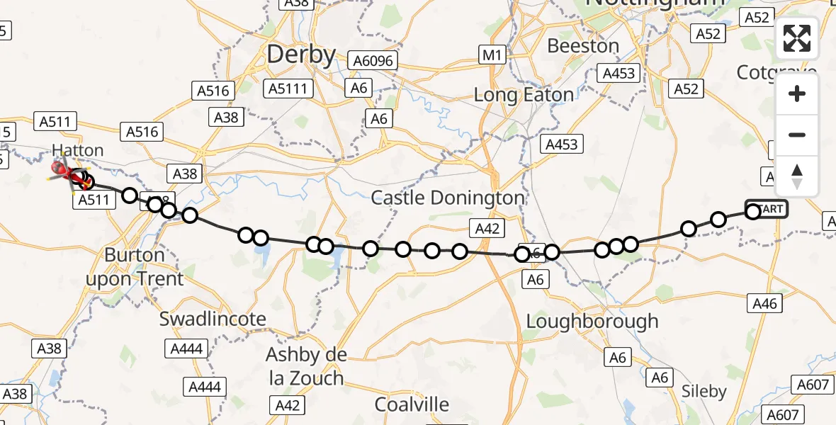 Flight path map showing Air Ambulance Helicopter route from Widmerpool to Tutbury