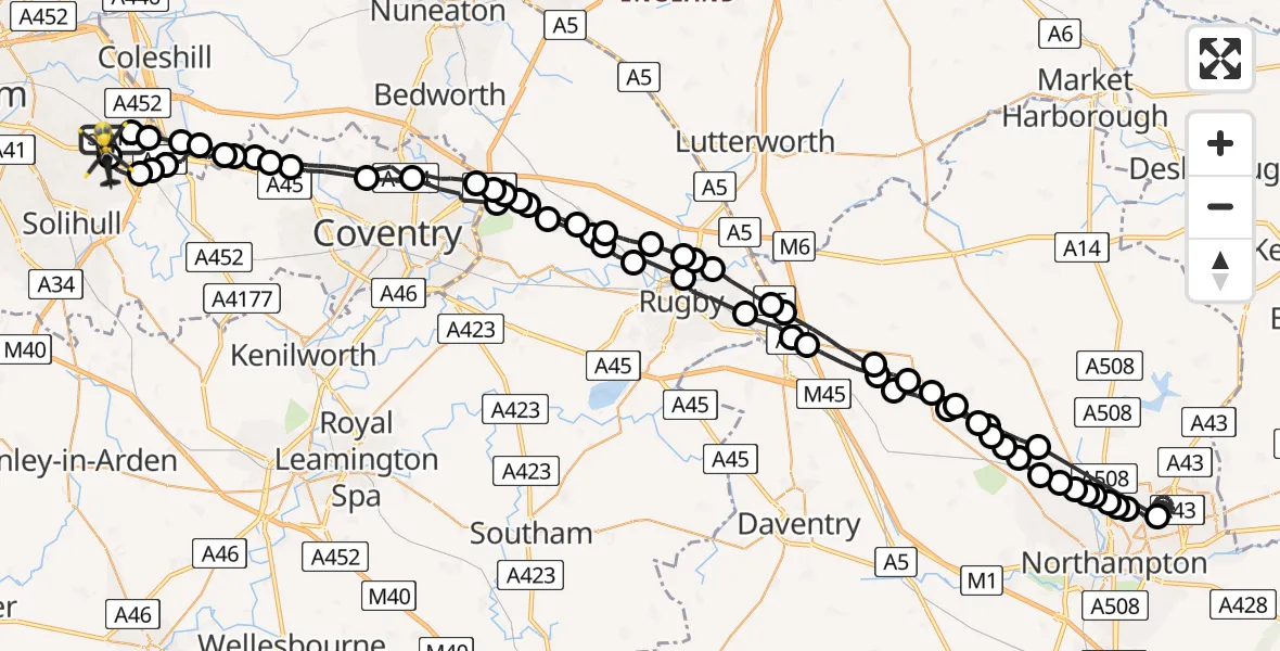 Flight path map showing Police Helicopter route from Birmingham Airport to Bickenhill