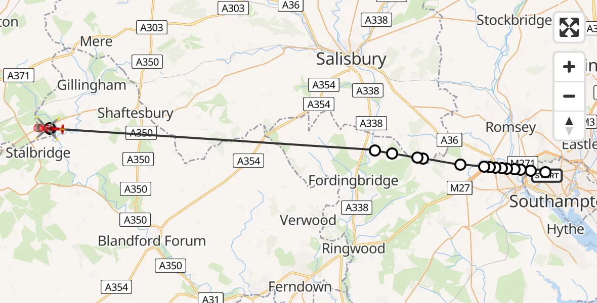 Flight path map showing Air Ambulance Helicopter route from University Hospital Southampton to Henstridge Airfield