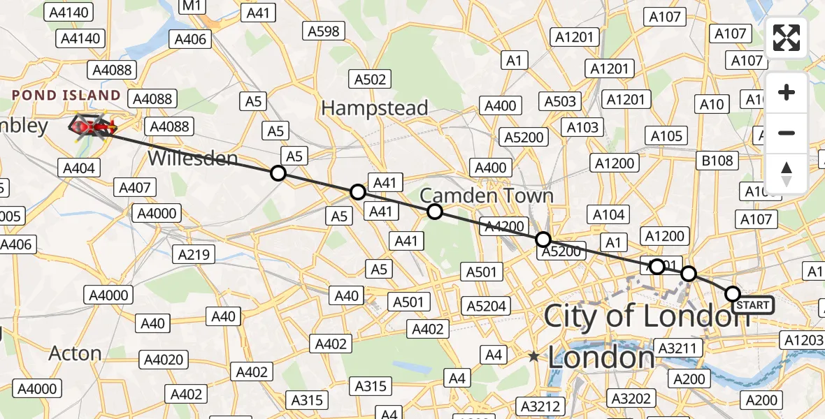 Flight path map showing Air Ambulance Helicopter route from Royal London Hospital to London Borough of Brent