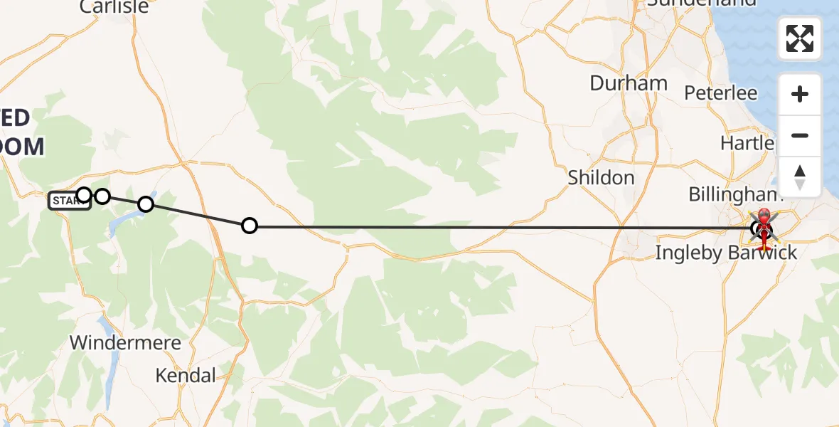Flight path map showing Air Ambulance Helicopter route from Threlkeld to James Cook University Hospital