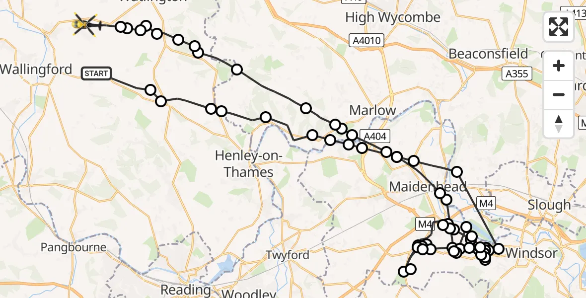 Flight path map showing Police Helicopter route from Nuffield to Ewelme