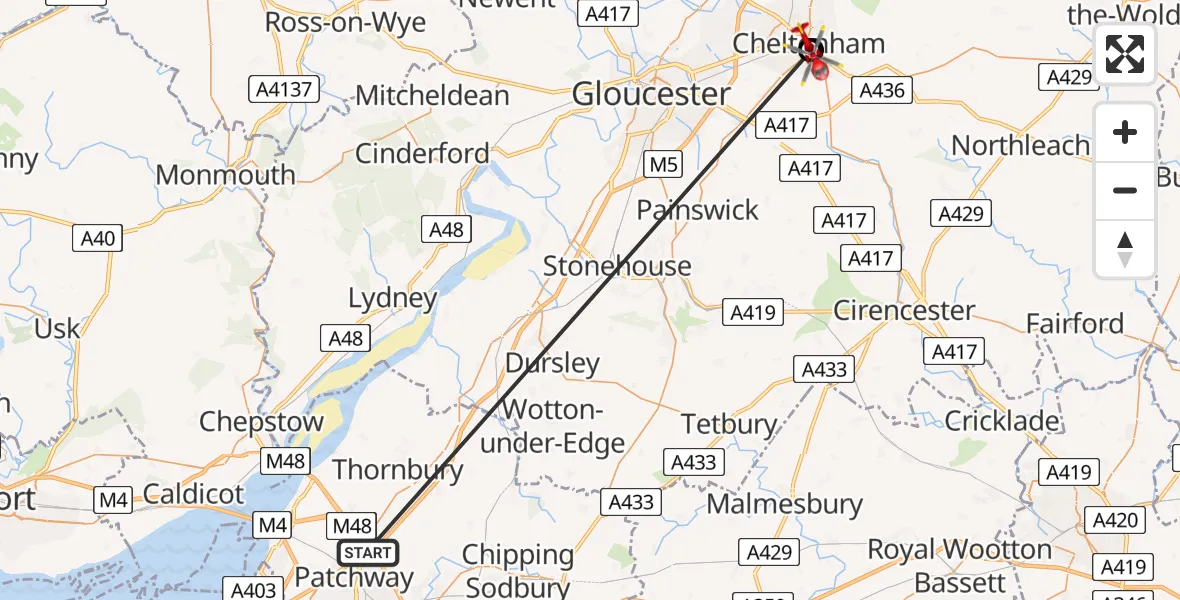 Flight path map showing Air Ambulance Helicopter route from Almondsbury Helicopter Base to Cheltenham General Hospital