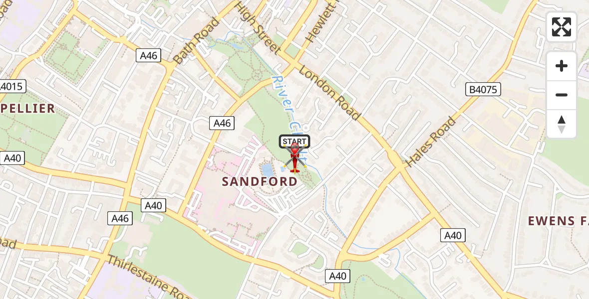 Flight path map showing Air Ambulance Helicopter route from Cheltenham General Hospital to Cheltenham General Hospital