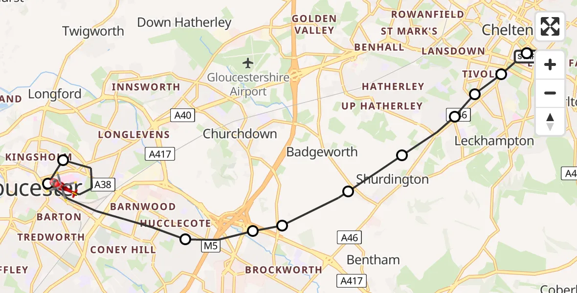 Flight path map showing Air Ambulance Helicopter route from Cheltenham General Hospital to Gloucester