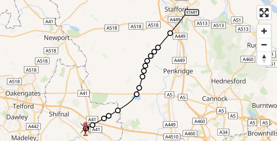 Flight path map showing Air Ambulance Helicopter route from Stafford to Cosford